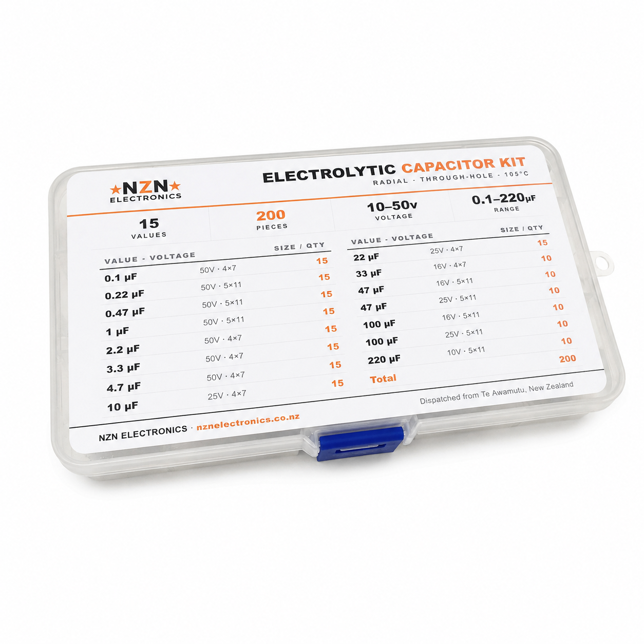 Electrolytic capacitor kit, 200 pieces across 15 values (0.1µF to 220µF, 10-50V) - NZN Electronics NZ