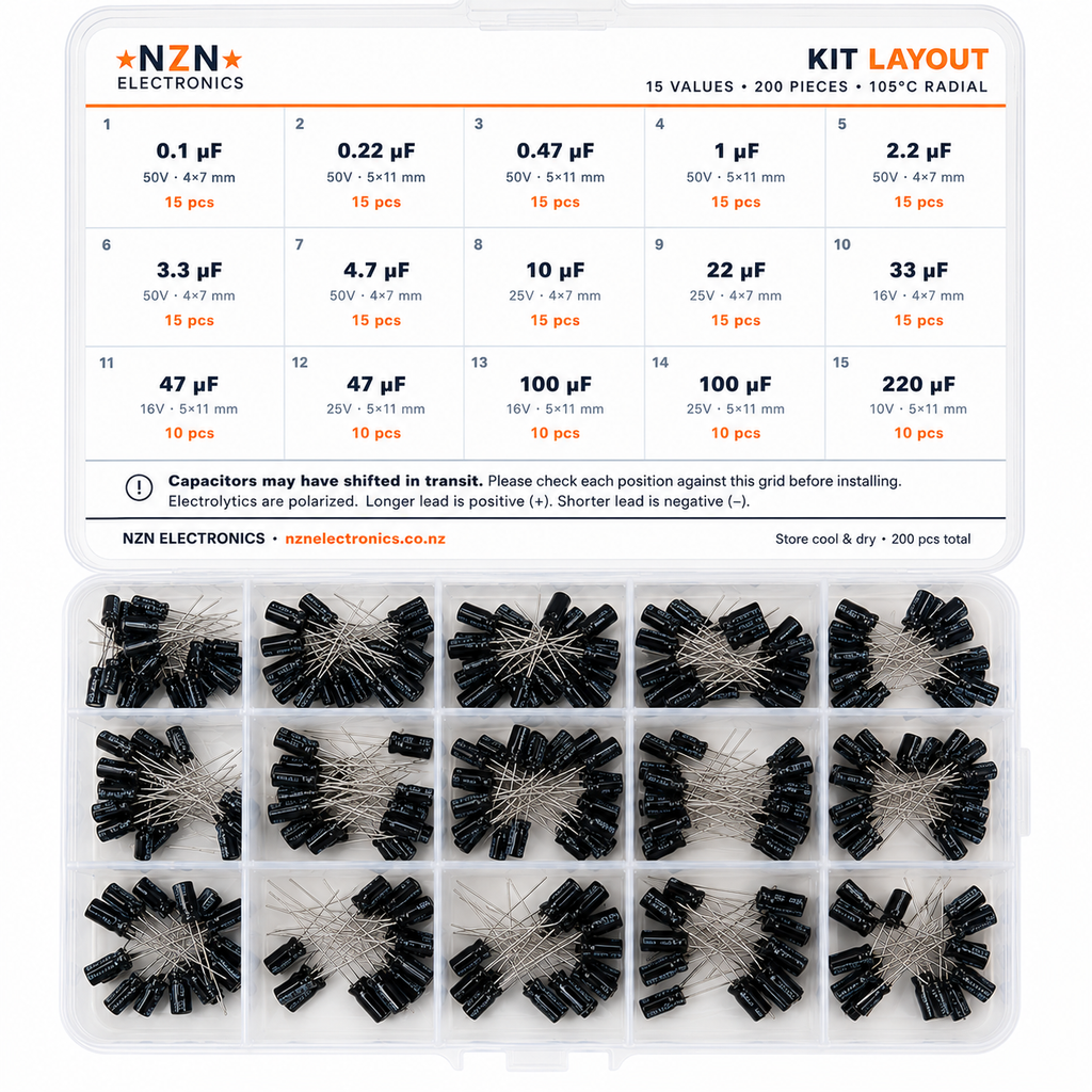 Capacitor kit label listing all 15 values, voltage ratings and quantities from 0.1µF to 220µF