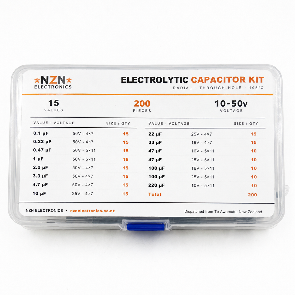 200 electrolytic capacitors sorted in a labelled storage case, top-down view