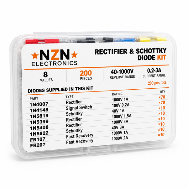 Rectifier and Schottky diode assortment kit, 200 pieces across 8 values in a labelled storage case