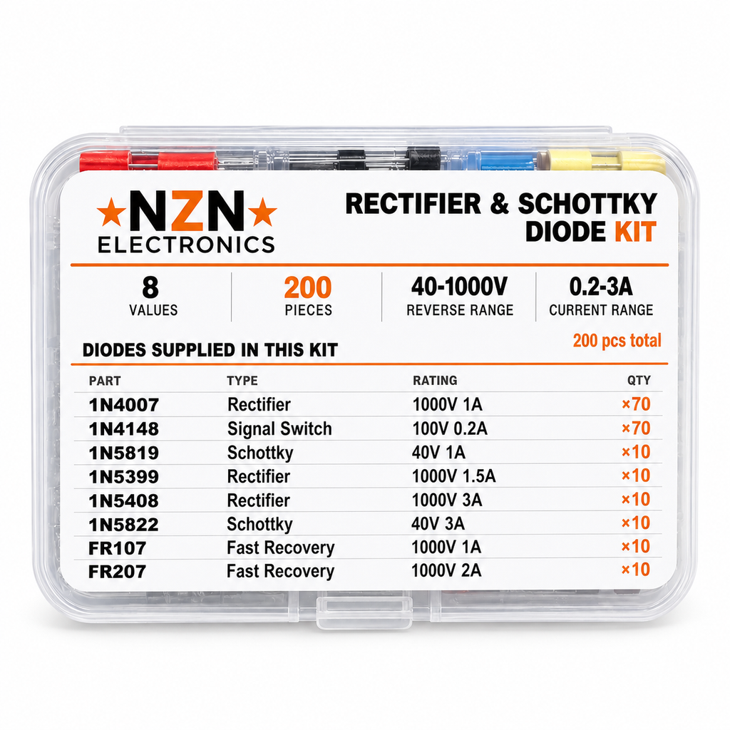 Top-down view of the 200pc diode kit showing sorted rows of rectifier, Schottky and fast-recovery diodes