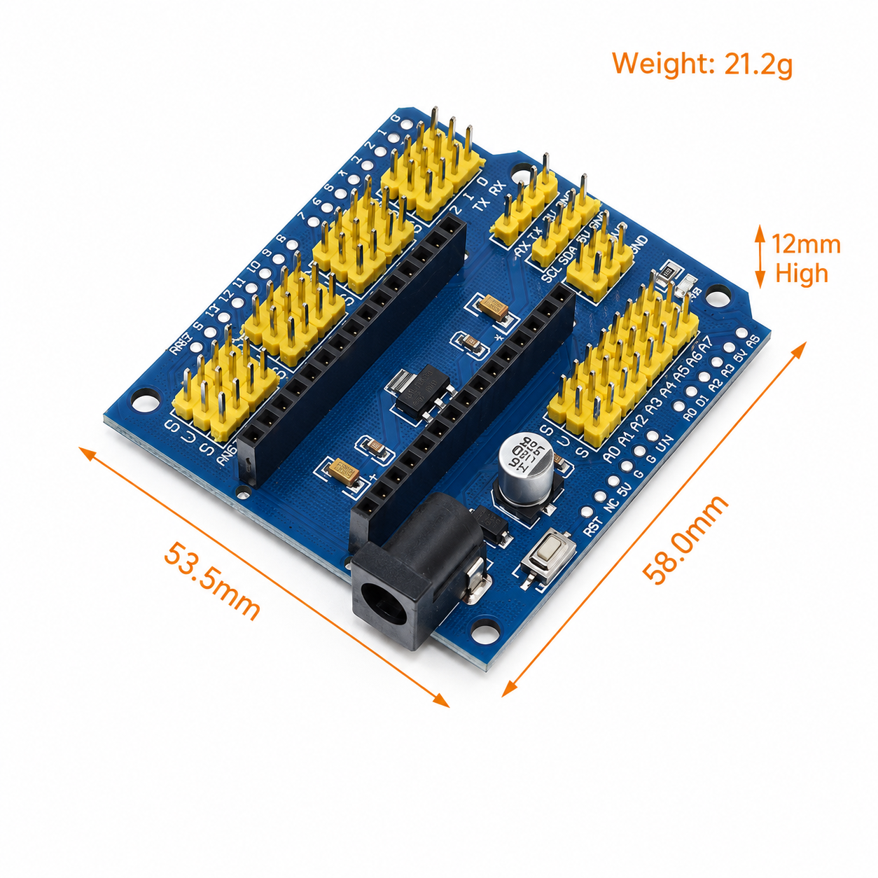 Nano IO Expansion Shield V3.0 (Blue) dimensions - 53.5 x 58.0mm, 21.2g
