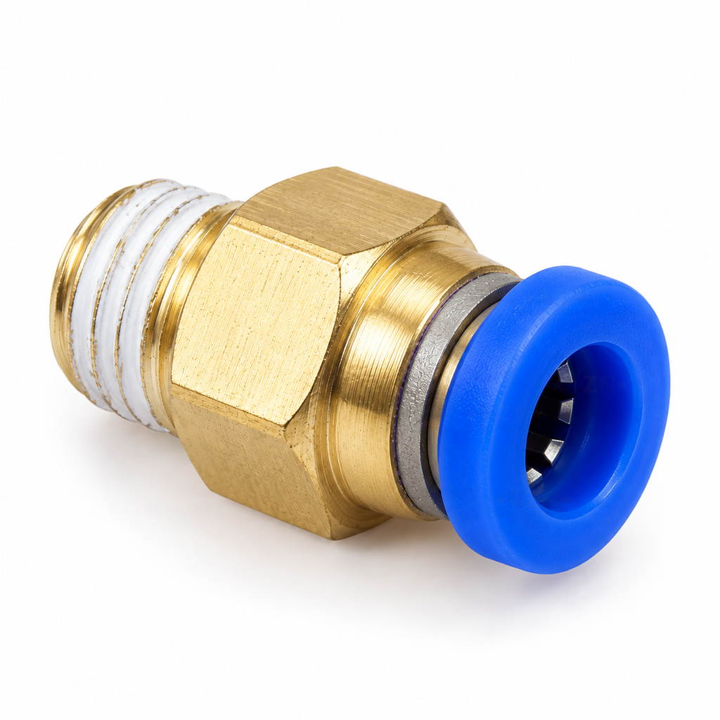 PC6-01 brass pneumatic fitting showing the 6 mm push-in collar and R1/8 BSPT male thread