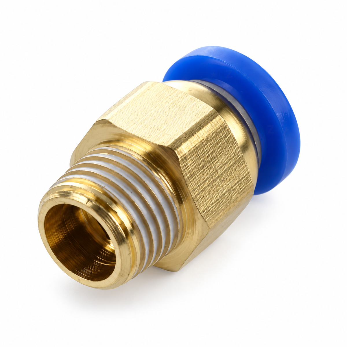 PC6-01 pneumatic fitting viewed from the R1/8 BSPT threaded end