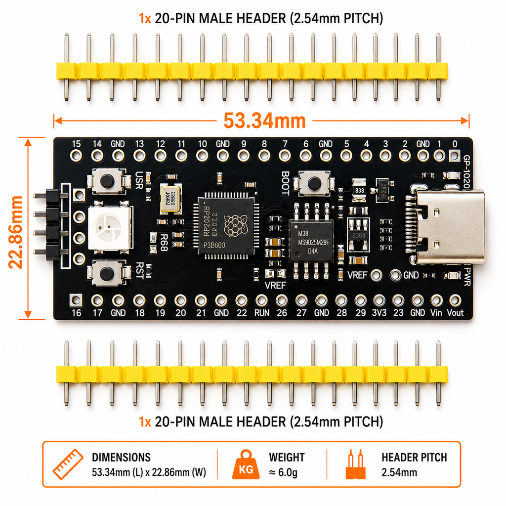 RP2040 USB-C development board dimensions diagram in millimetres