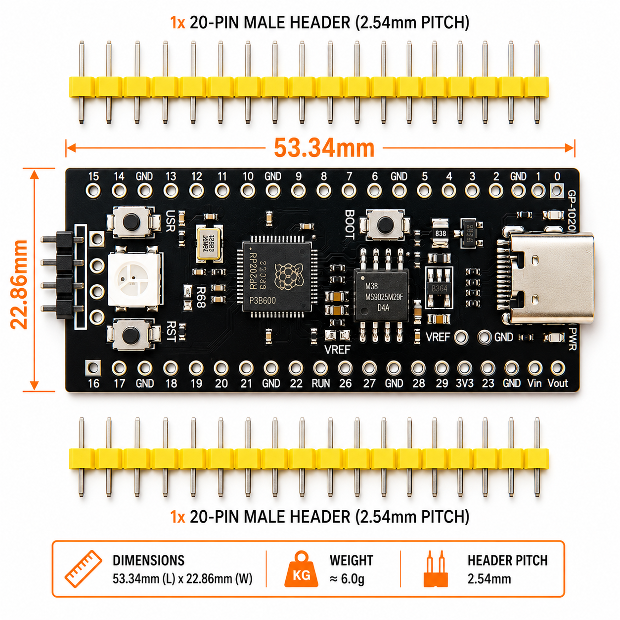 RP2040 USB-C development board dimensions diagram in millimetres