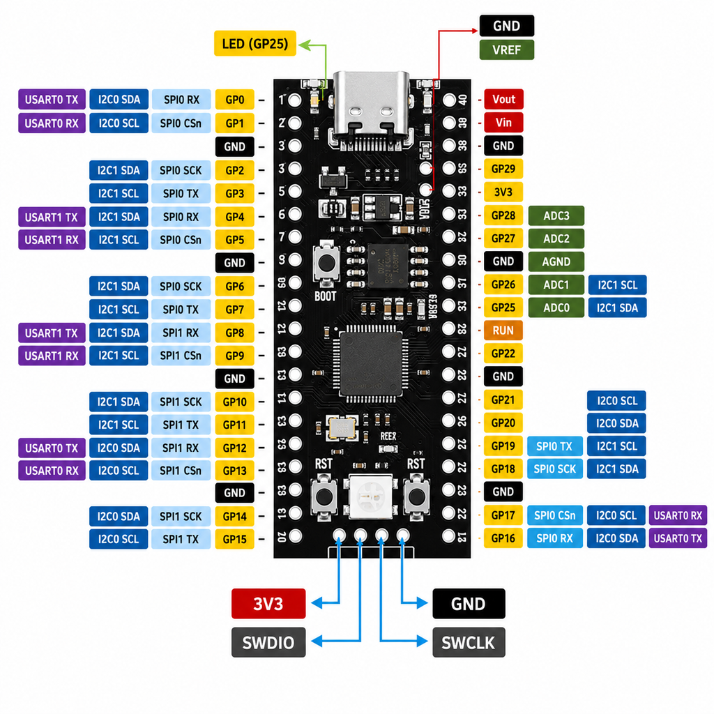 RP2040 development board pinout diagram - GPIO, power, SPI, I2C, UART and ADC pins