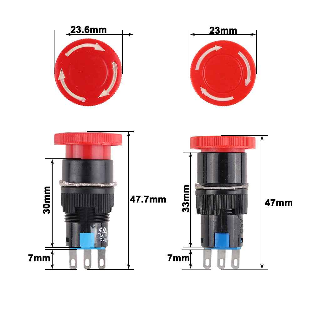 16mm Emergency Stop Switch – Latching Mushroom Button (1NO + 1NC, IP65 Panel Mount)