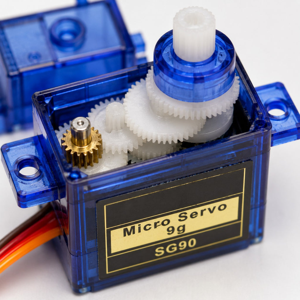 Close-up of the SG90 micro servo with the case open showing its plastic gear train and brass motor pinion
