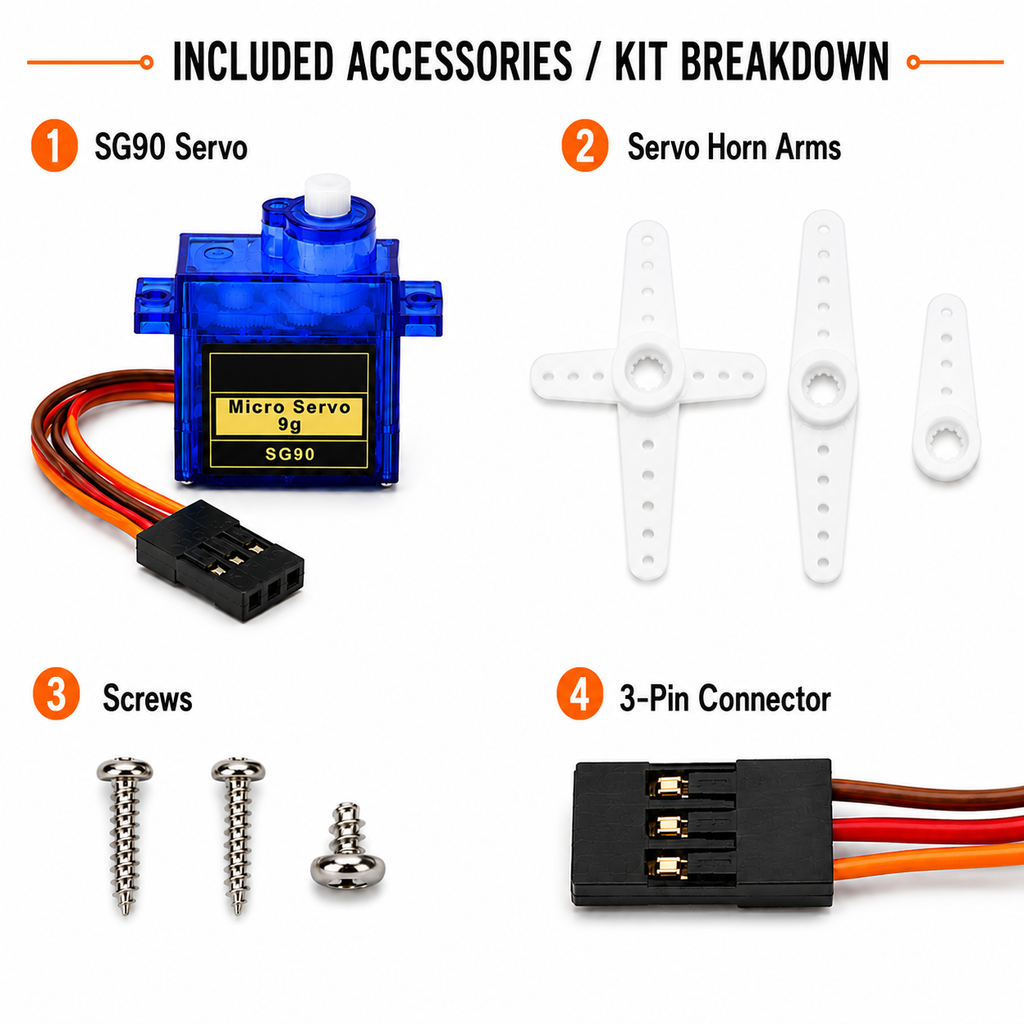 SG90 servo kit breakdown showing the servo, three horn arms, mounting screws and the 3-pin connector