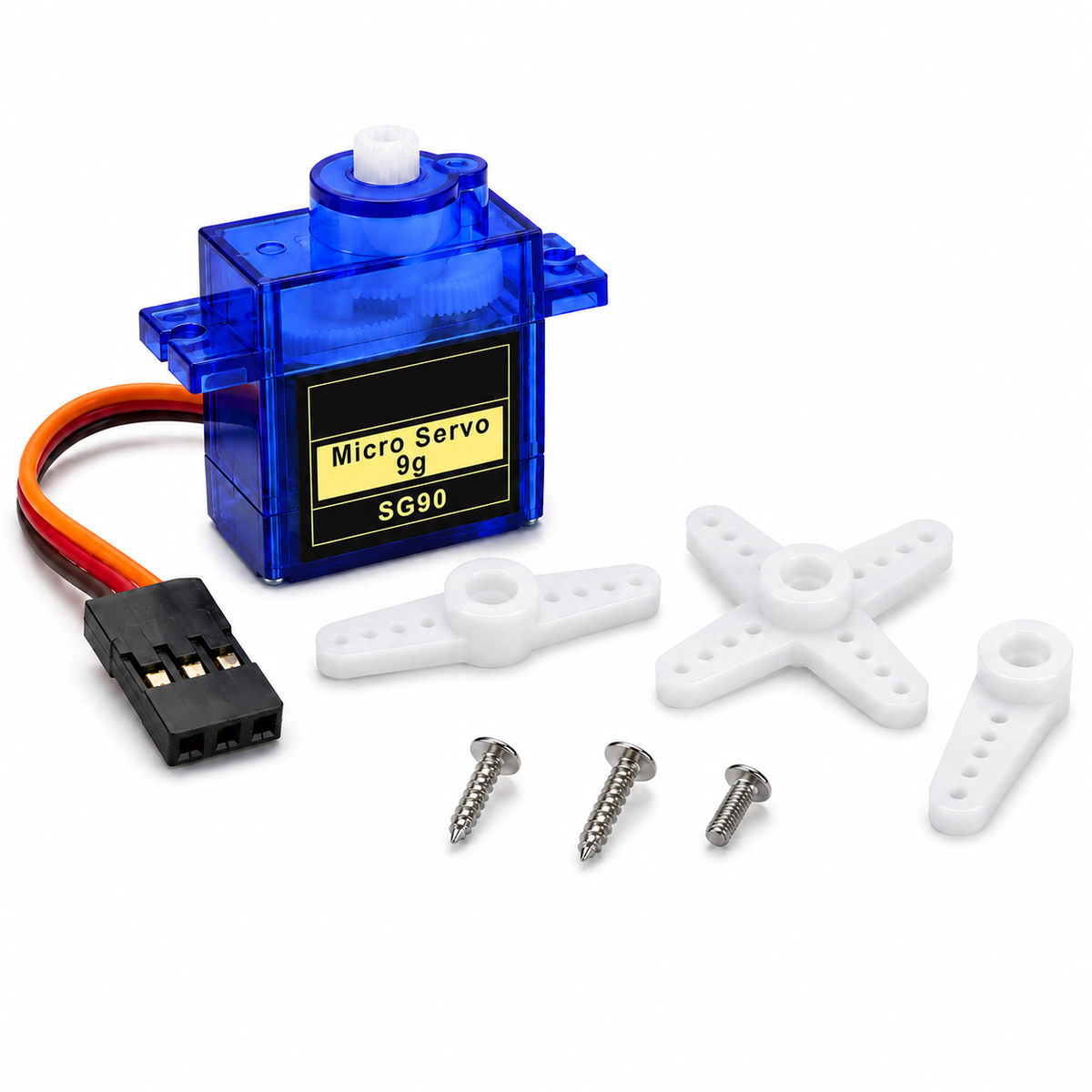 SG90 9g micro servo in blue housing with three white servo horns and mounting screws