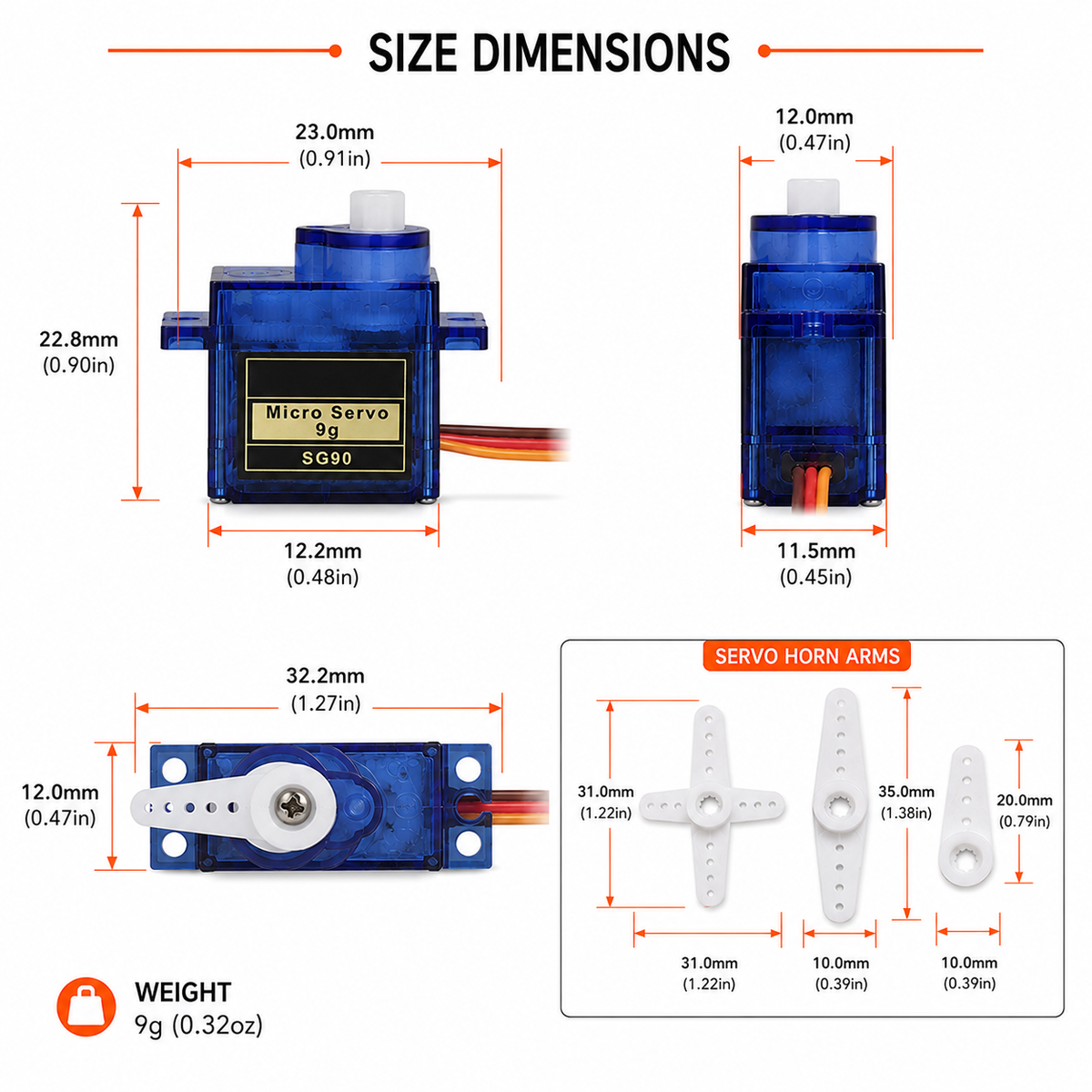 SG90 micro servo size dimensions in millimetres with servo horn arm measurements