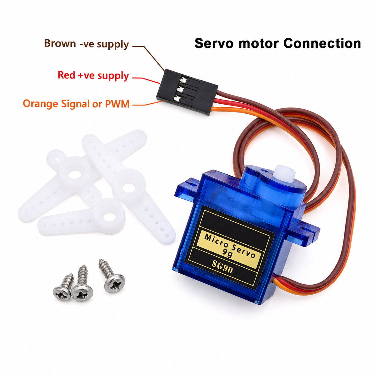 SG90 servo wiring diagram: brown negative supply, red positive supply, orange PWM signal