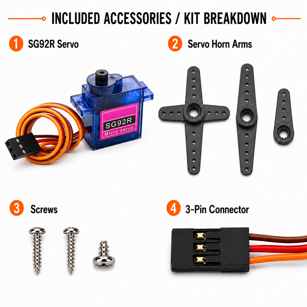 SG92R servo kit breakdown showing the servo, three horn arms, mounting screws and the 3-pin connector