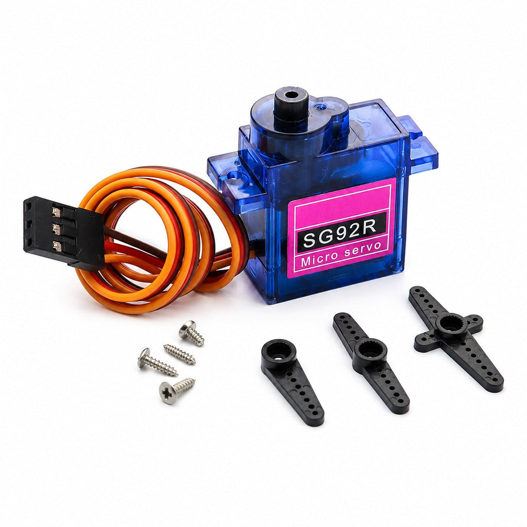 SG92R micro servo in blue housing with three black servo horns and mounting screws