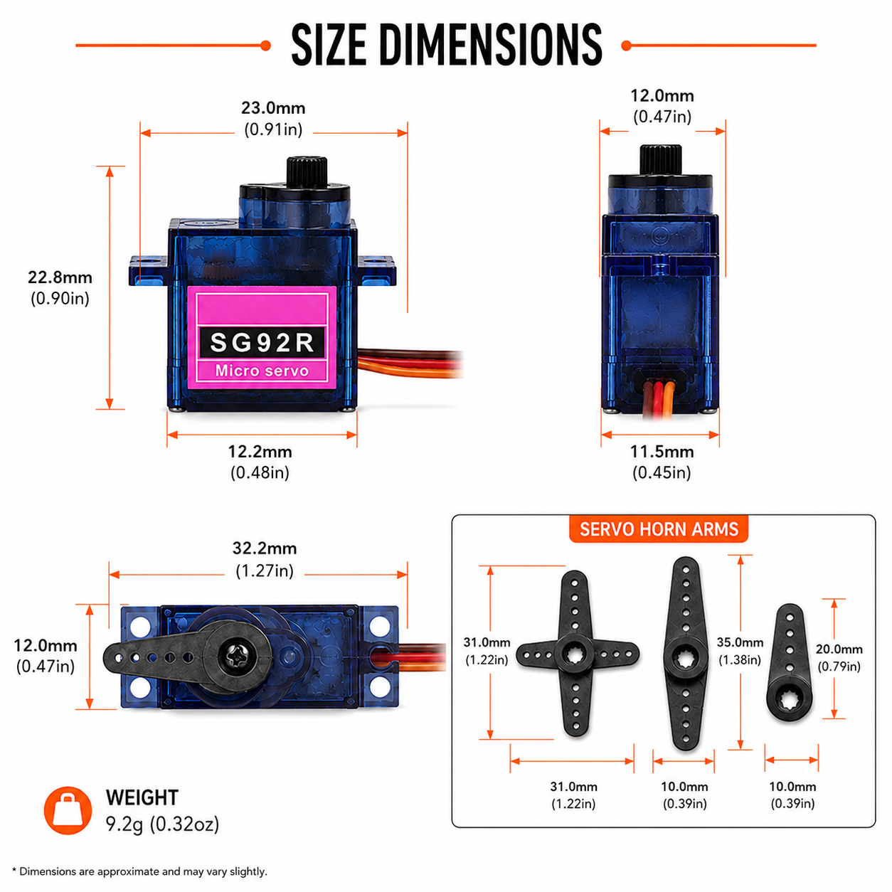 SG92R micro servo size dimensions in millimetres with servo horn arm measurements