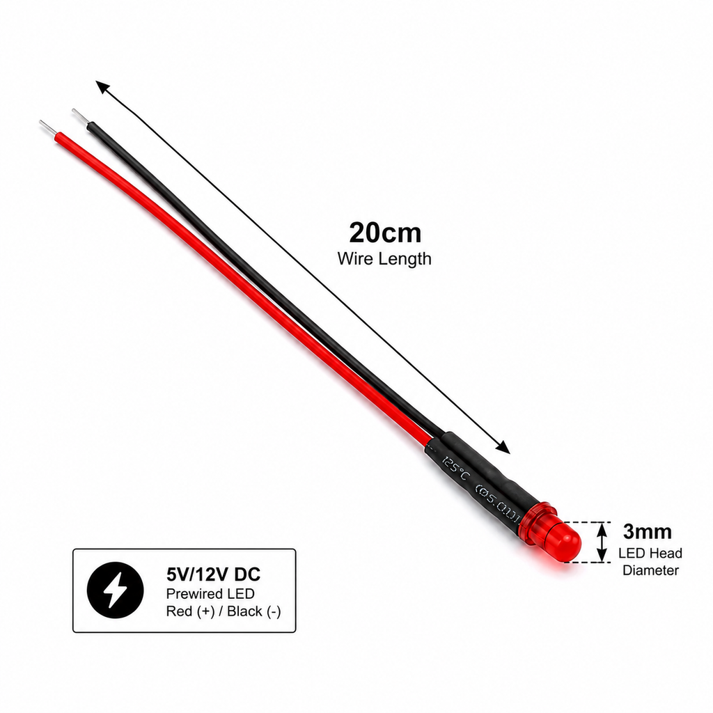3mm Pre-wired Diffused LED — 20cm (5V / 12V)