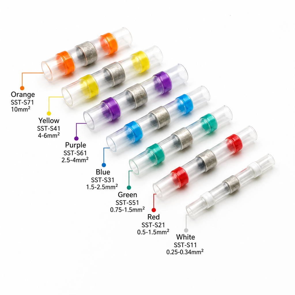 Solder seal wire connector size guide showing white, red, green, blue, purple, yellow and orange connectors with their cable ratings