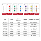 Solder seal connector sizing table listing colour, inner diameter, length and suitable cable size for each size