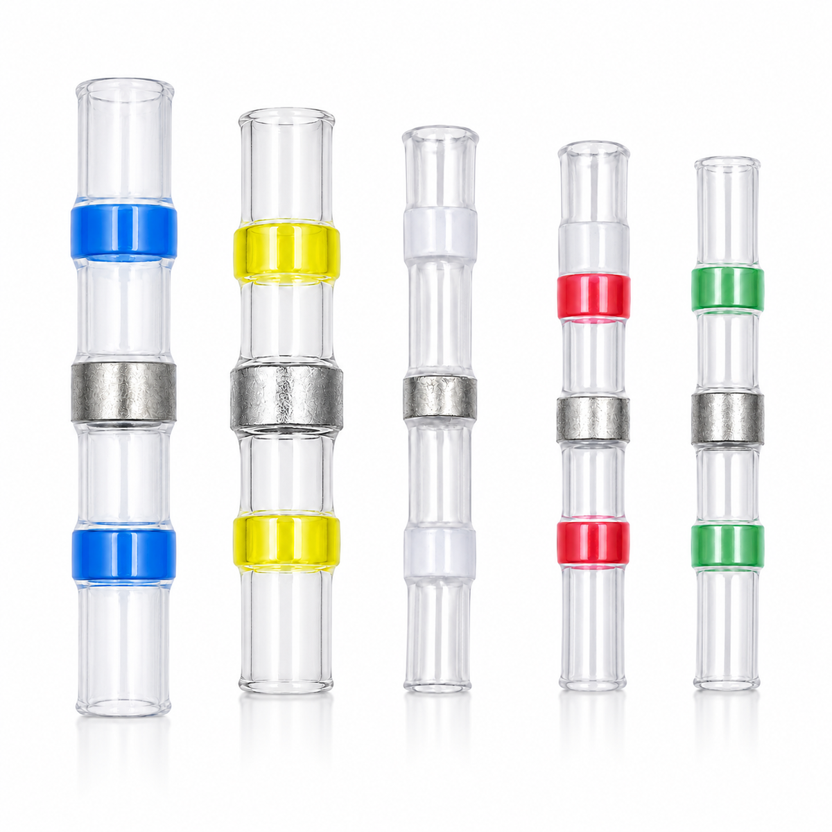 Solder seal heat shrink wire connectors in blue, yellow, white, red and green with visible solder ring
