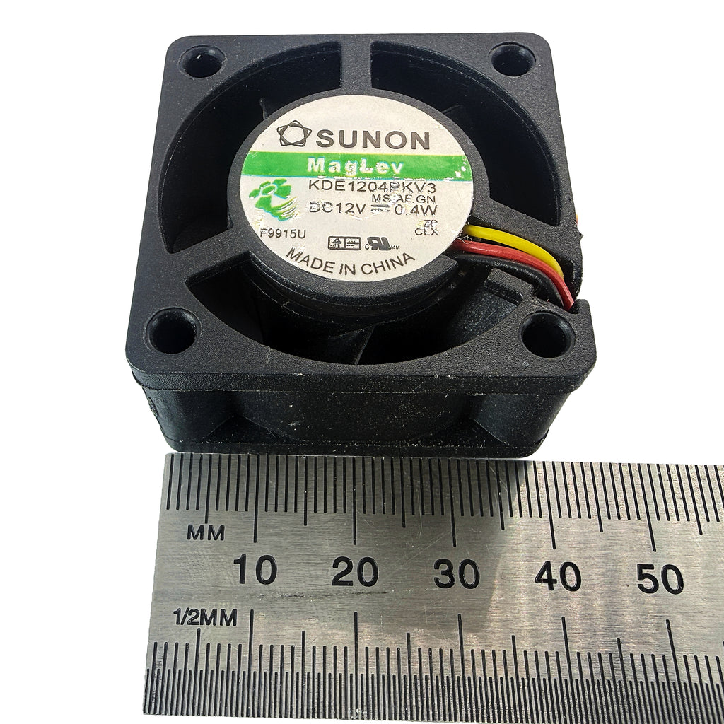 Sunon 4020 fan side-on with ruler confirming 20mm depth