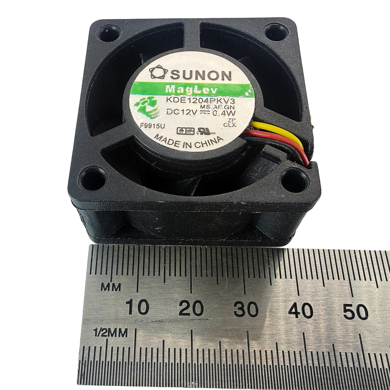 Sunon 4020 fan side-on with ruler confirming 20mm depth