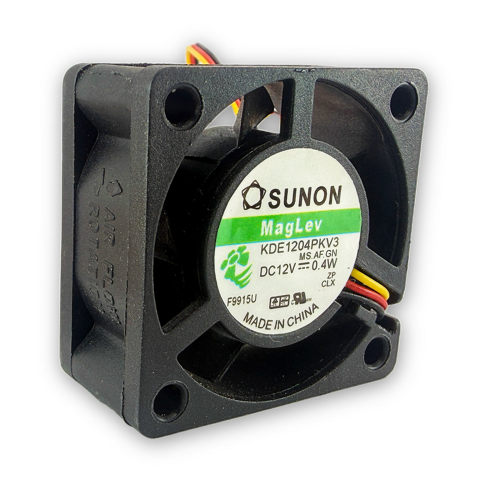 Sunon KDE1204PKV3 4020 12V 3-pin cooling fan — angled hero view showing MagLev label and wire connector