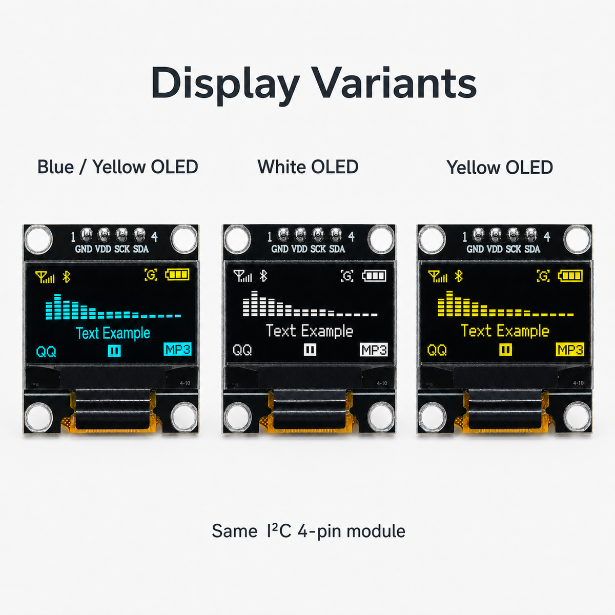 0.96 inch OLED Display Module colour options - White, Yellow, Yellow/Blue