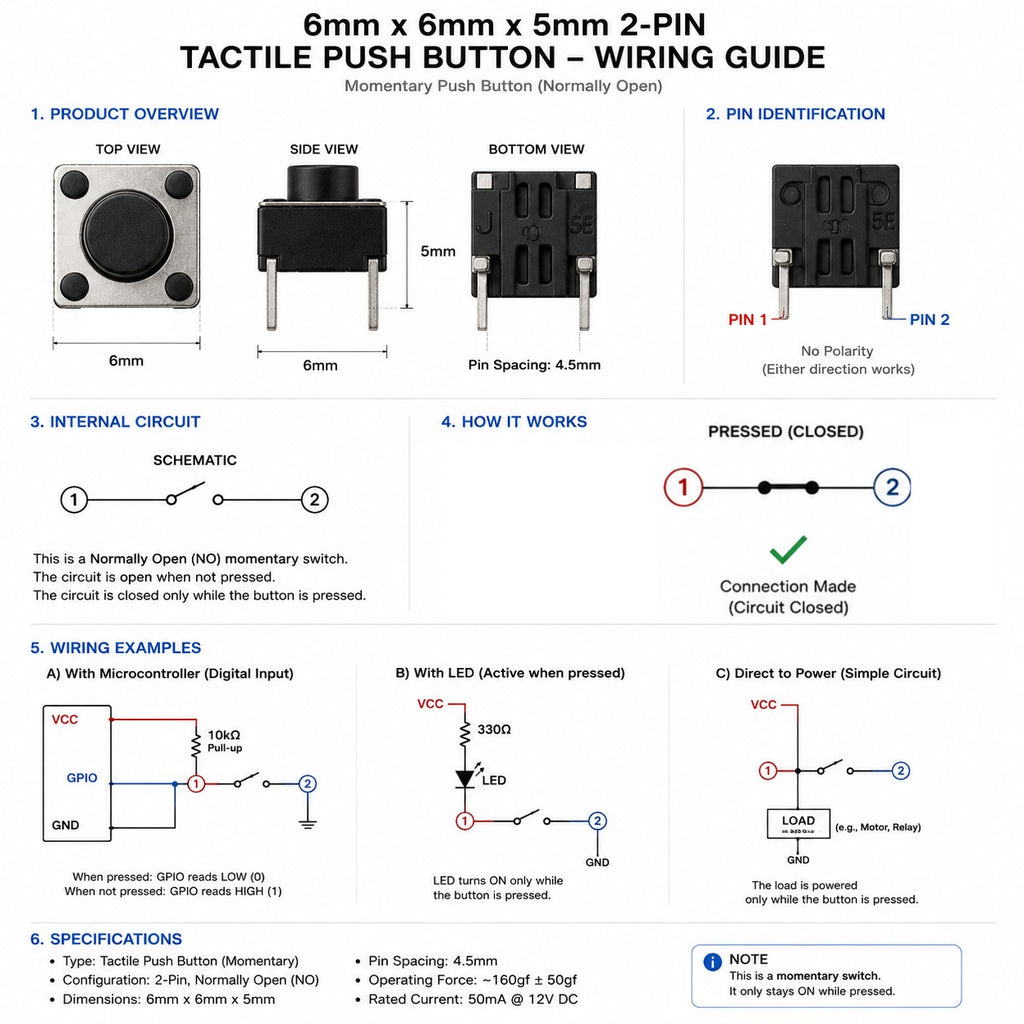 Tactile push button switch wiring guide for breadboard and PCB