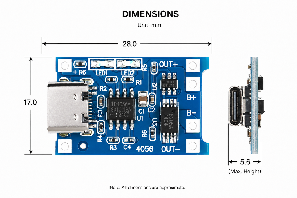 TP4056 USB-C Lithium Battery Charging Module – 5V 1A, 18650 Protection