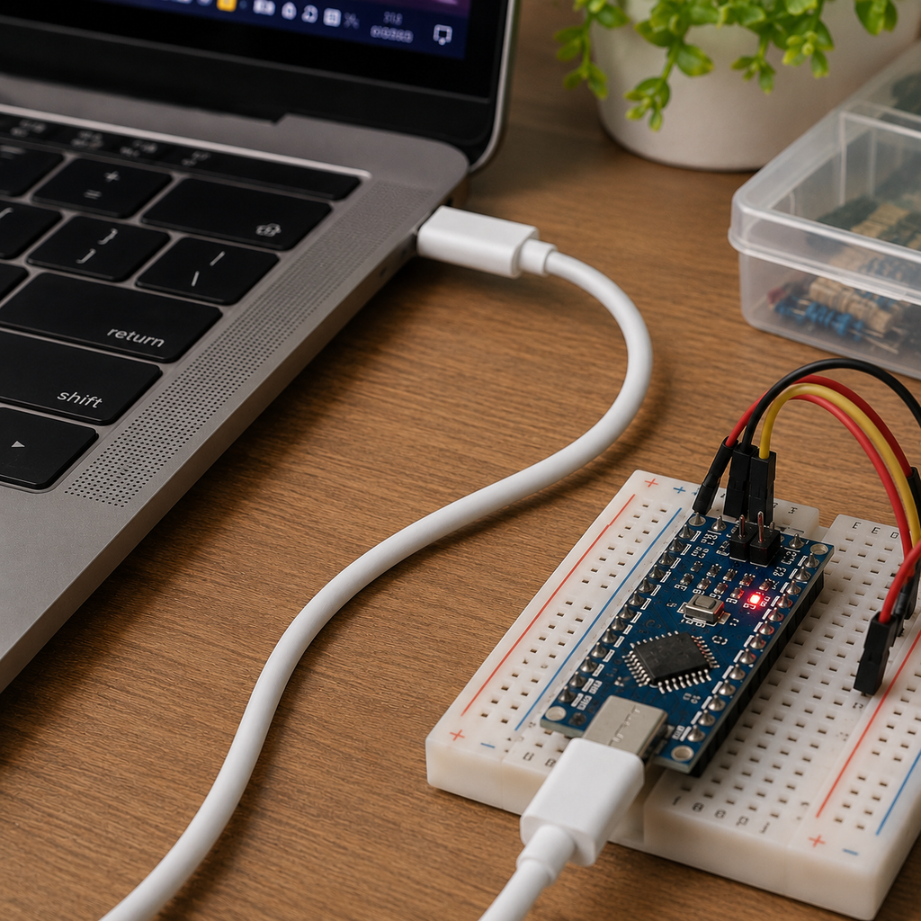 USB-C cable connecting a laptop to a USB-C dev board on a breadboard
