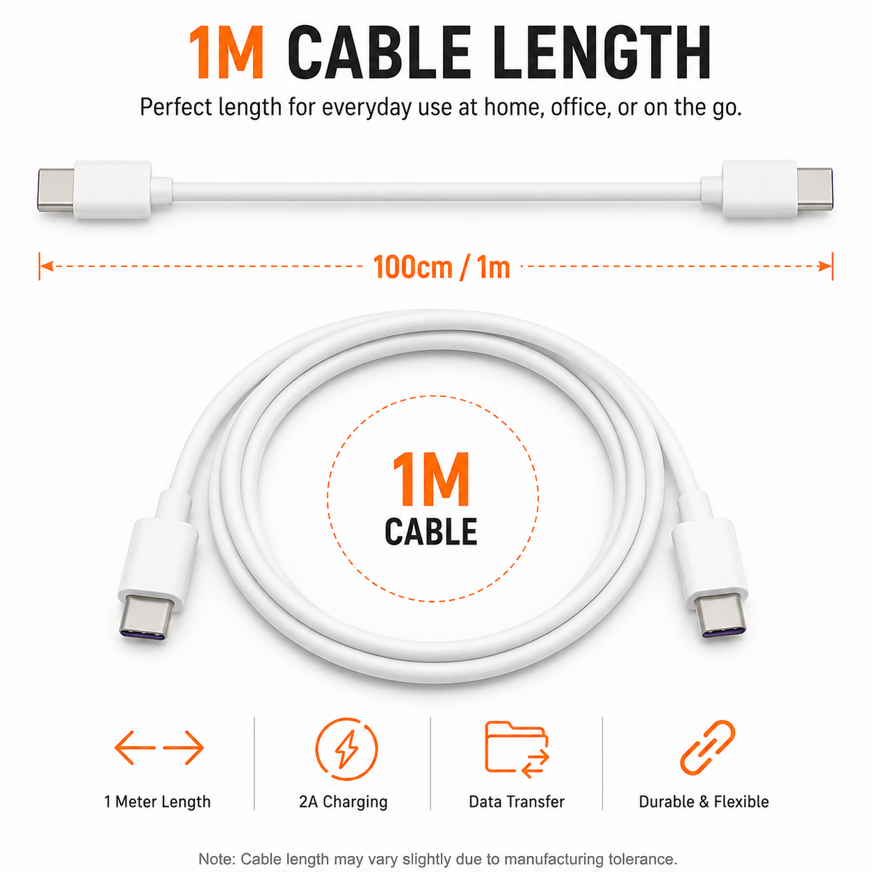 Diagram of the 1m (100cm) USB-C to USB-C cable length, 2A charging and data transfer