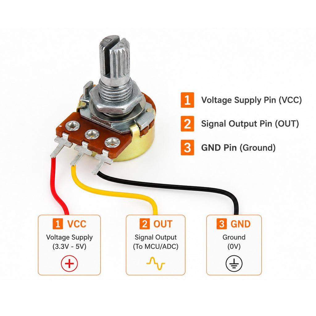 WH148 B10K Potentiometer 3-pin wiring guide (VCC, OUT, GND)