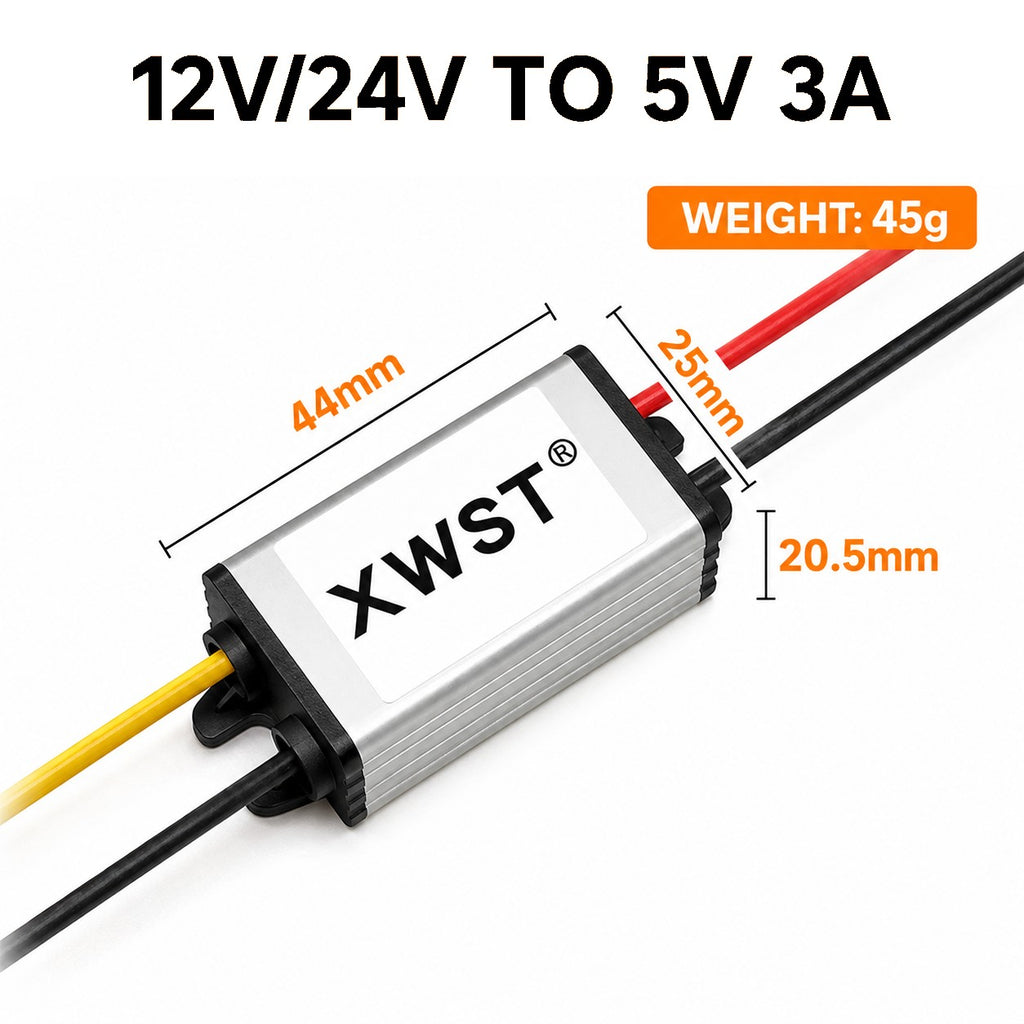 XWST buck converter dimensions, 44 by 25 by 20.5mm aluminium housing with 51mm mounting hole spacing