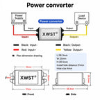 XWST buck converter wiring diagram, red and black 12-24V input leads, yellow and black 5V output leads