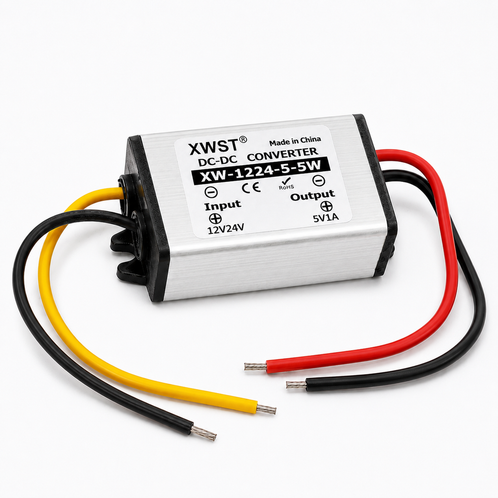 XWST IP67 waterproof buck converter with pre-attached 12-24V input and 5V output leads