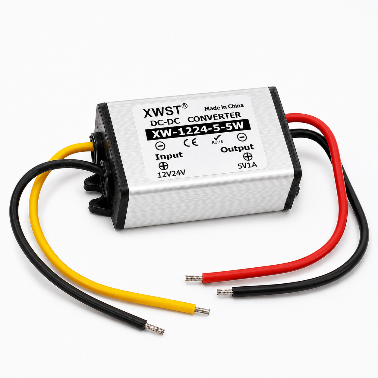 XWST IP67 waterproof buck converter with pre-attached 12-24V input and 5V output leads