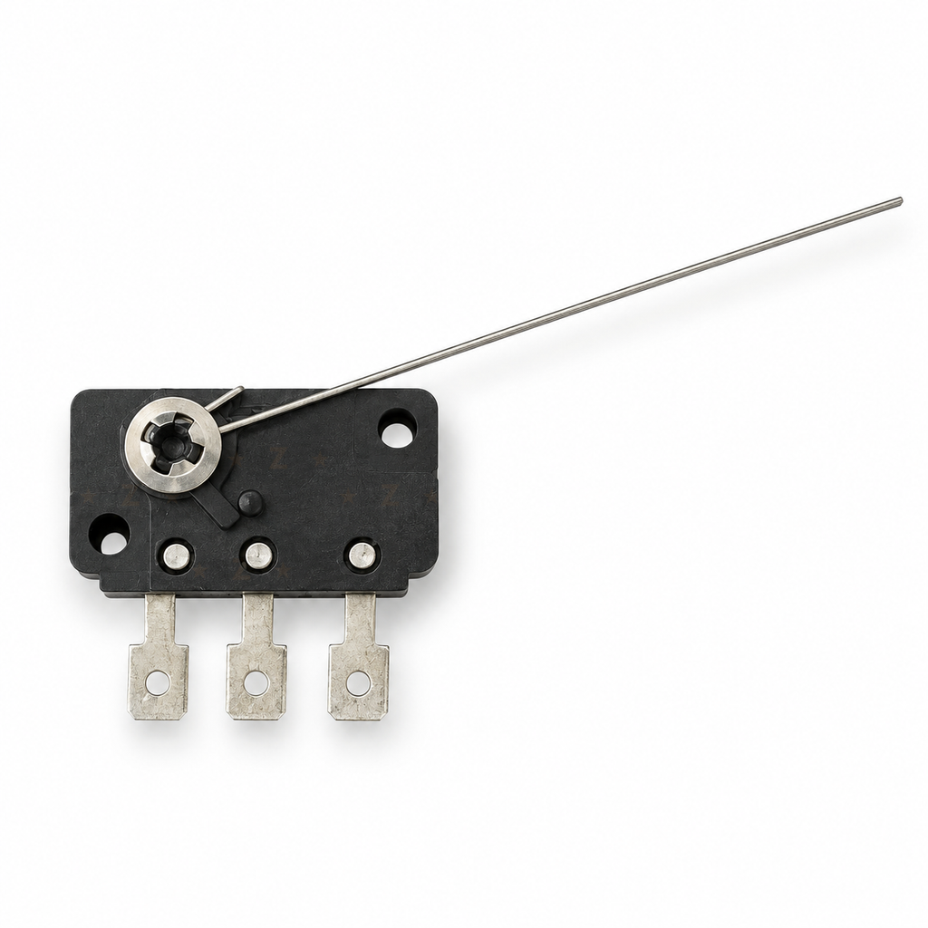 Top view of arcade coin acceptor microswitch showing mounting holes and three terminals