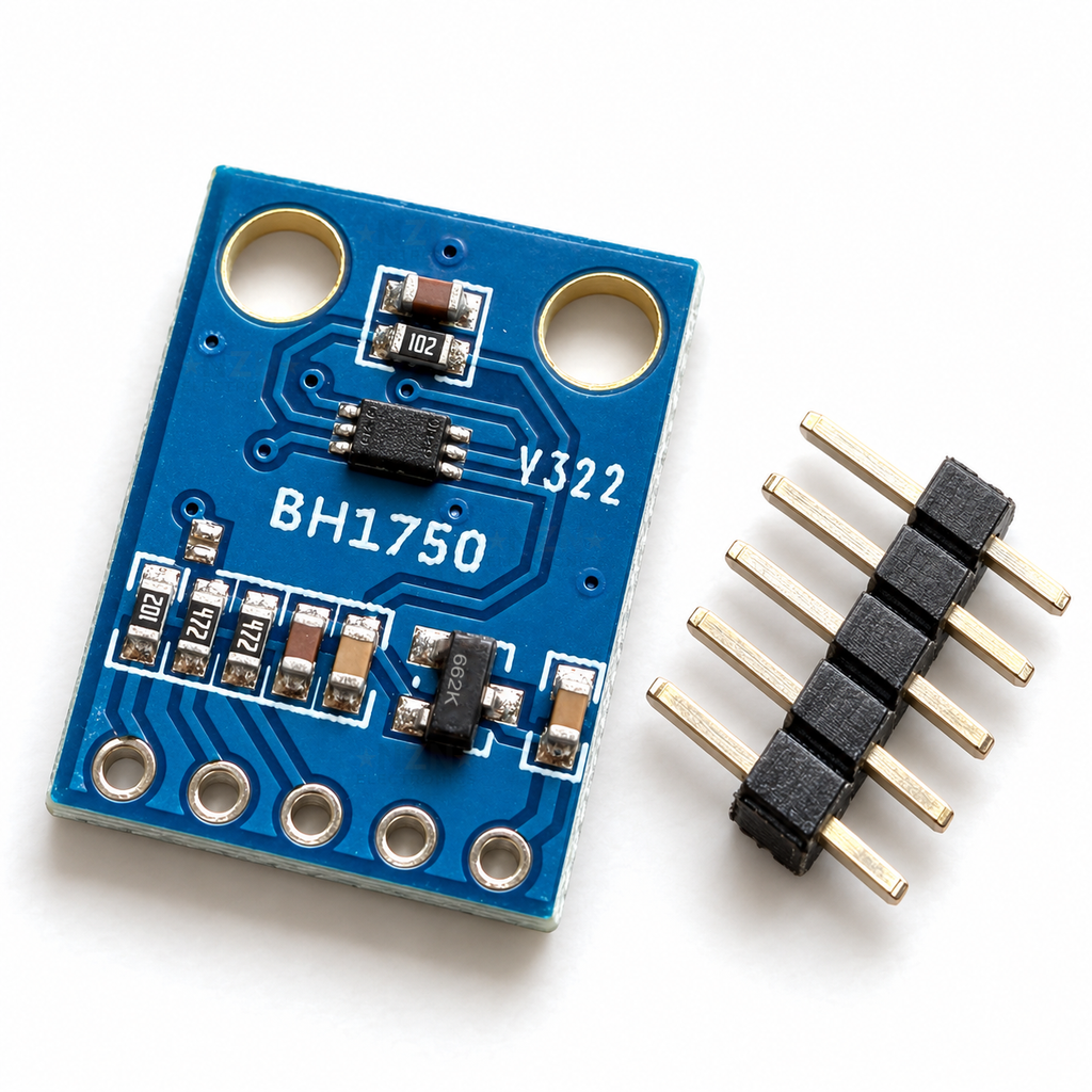 GY-302 BH1750 light sensor board at an angle, BH1750 sensor chip on the blue PCB with the loose 5-pin header beside it