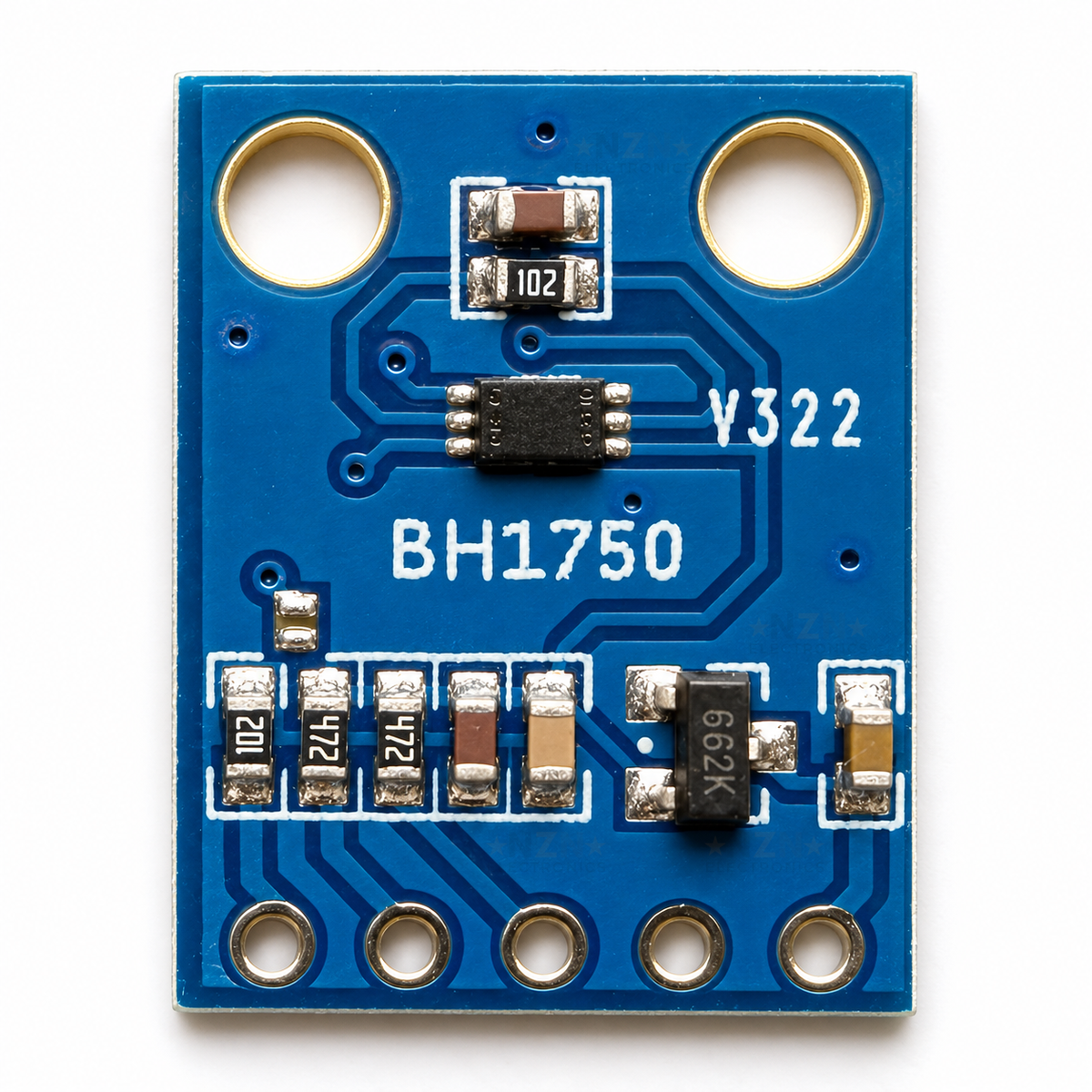 Top view of the BH1750 board showing the sensor chip, 3.3V regulator, two mounting holes and the row of five pin holes