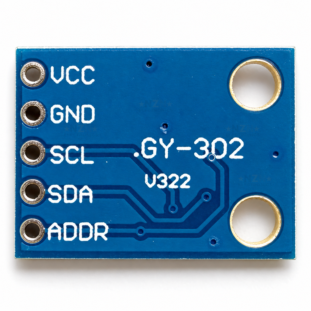 Underside of the GY-302 board with the pin labels VCC, GND, SCL, SDA and ADDR printed beside the pin holes