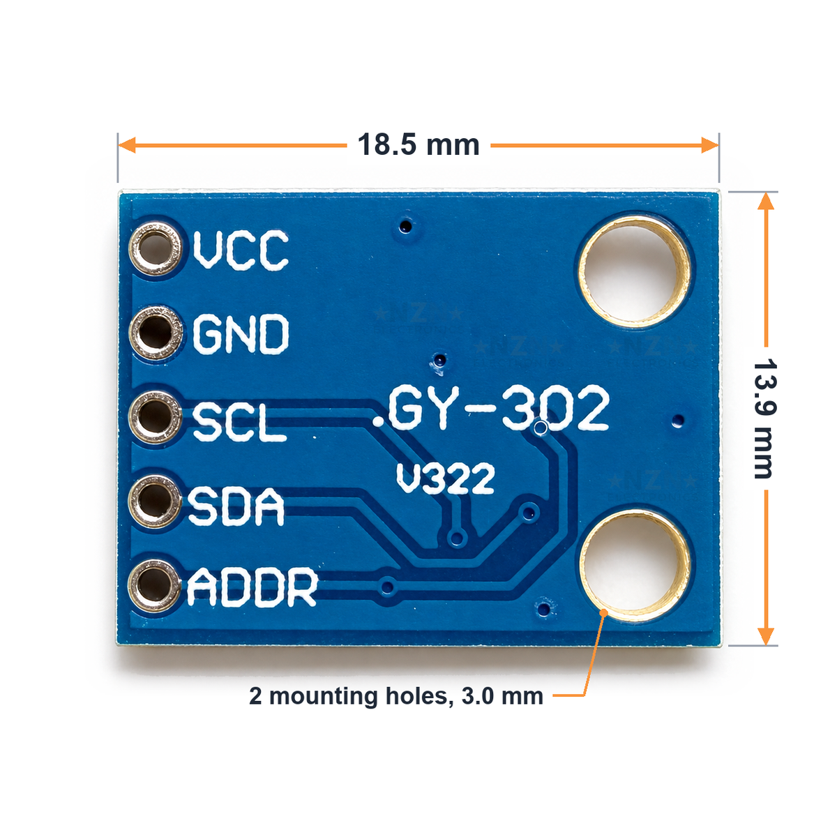 GY-302 BH1750 board dimensions: 18.5 x 13.9 mm with two 3.0 mm mounting holes