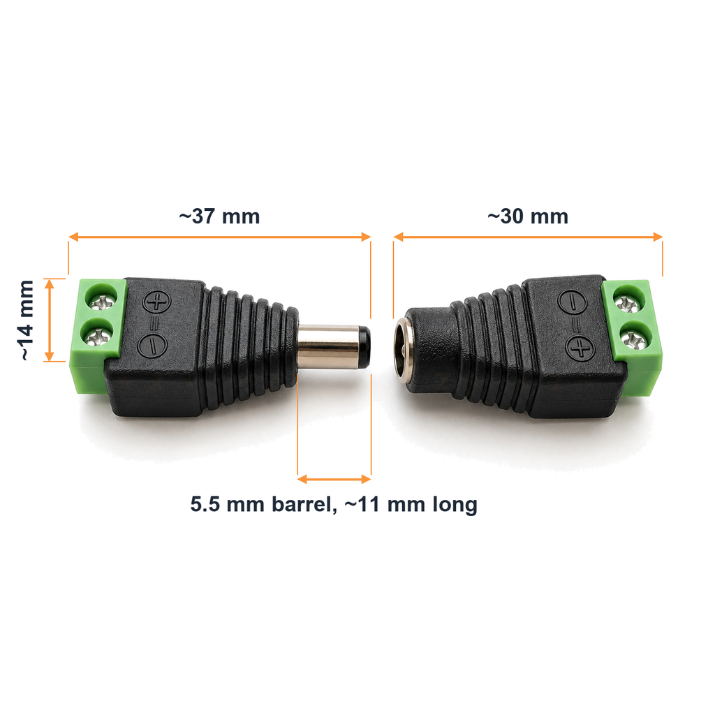 Approximate dimensions: male plug about 37 mm long, female socket about 30 mm long, body about 14 mm wide, 5.5 mm barrel about 11 mm long