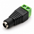 DC barrel female socket screw terminal adapter, socket opening at the front and green 2-way terminal with + and - moulded on the body
