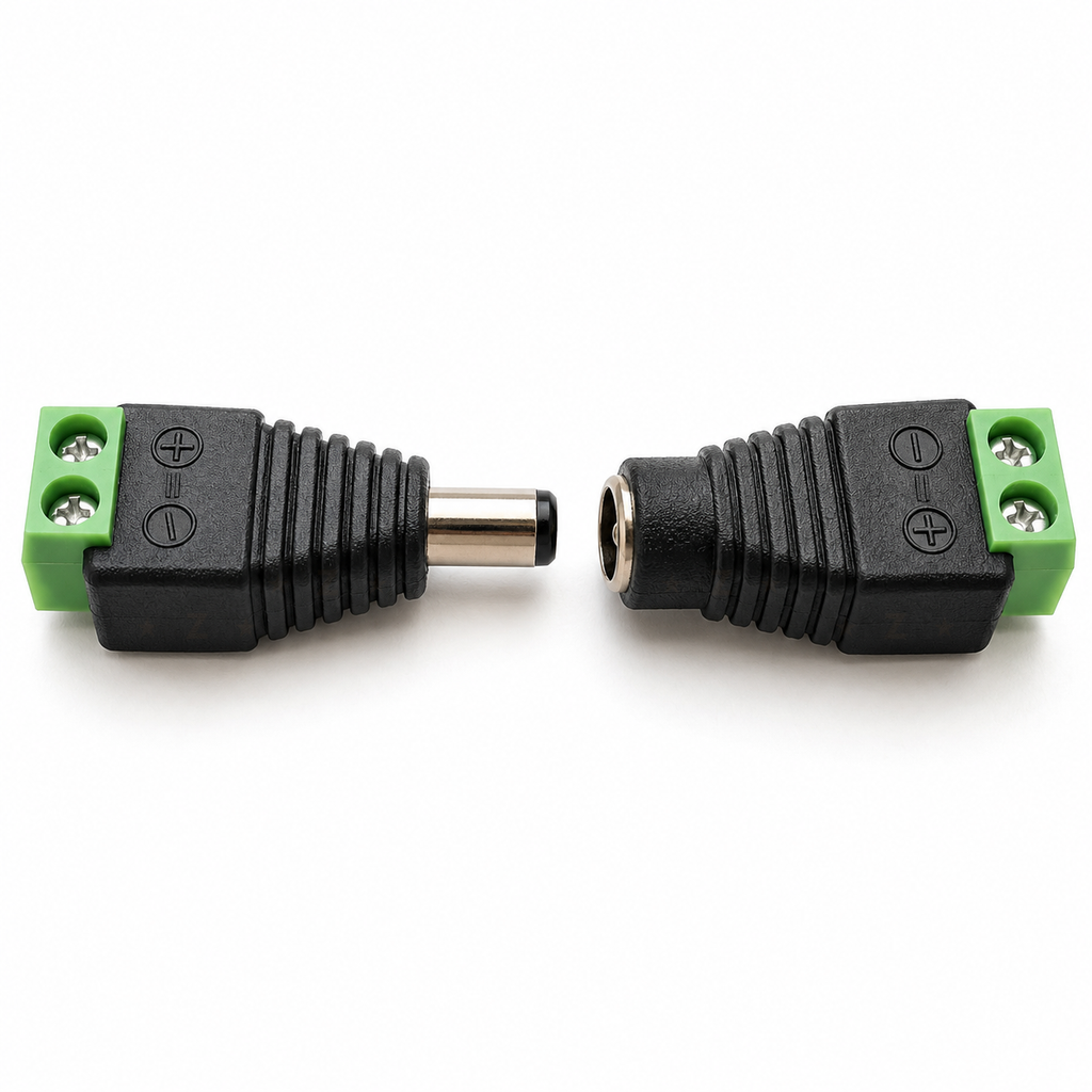 Male plug and female socket screw terminal adapters facing each other, showing the + and - marks beside each screw