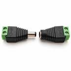 Male plug and female socket screw terminal adapters facing each other, showing the + and - marks beside each screw