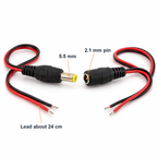 DC pigtail dimensions: 5.5mm barrel, 2.1mm centre pin and a lead of about 24cm