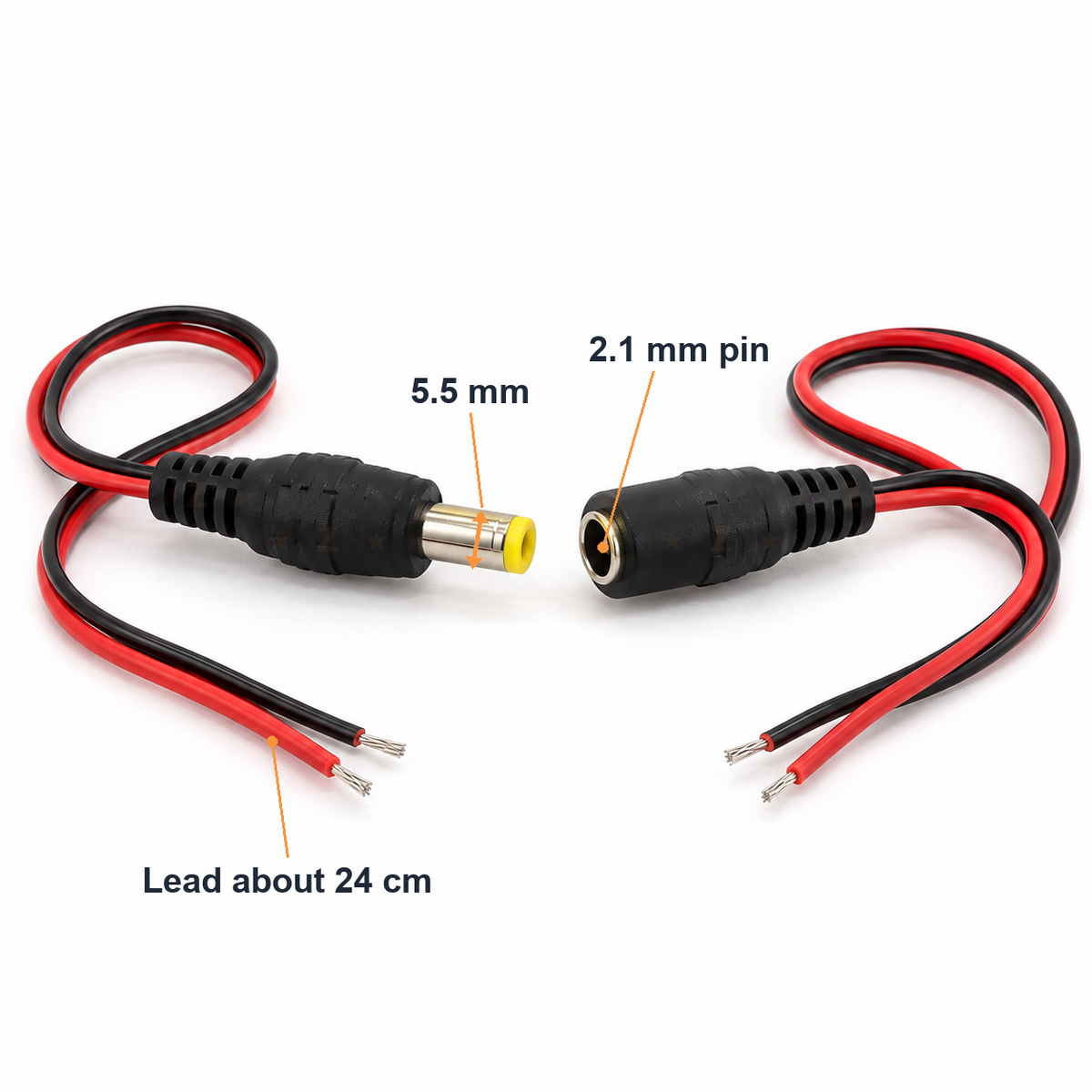 DC pigtail dimensions: 5.5mm barrel, 2.1mm centre pin and a lead of about 24cm