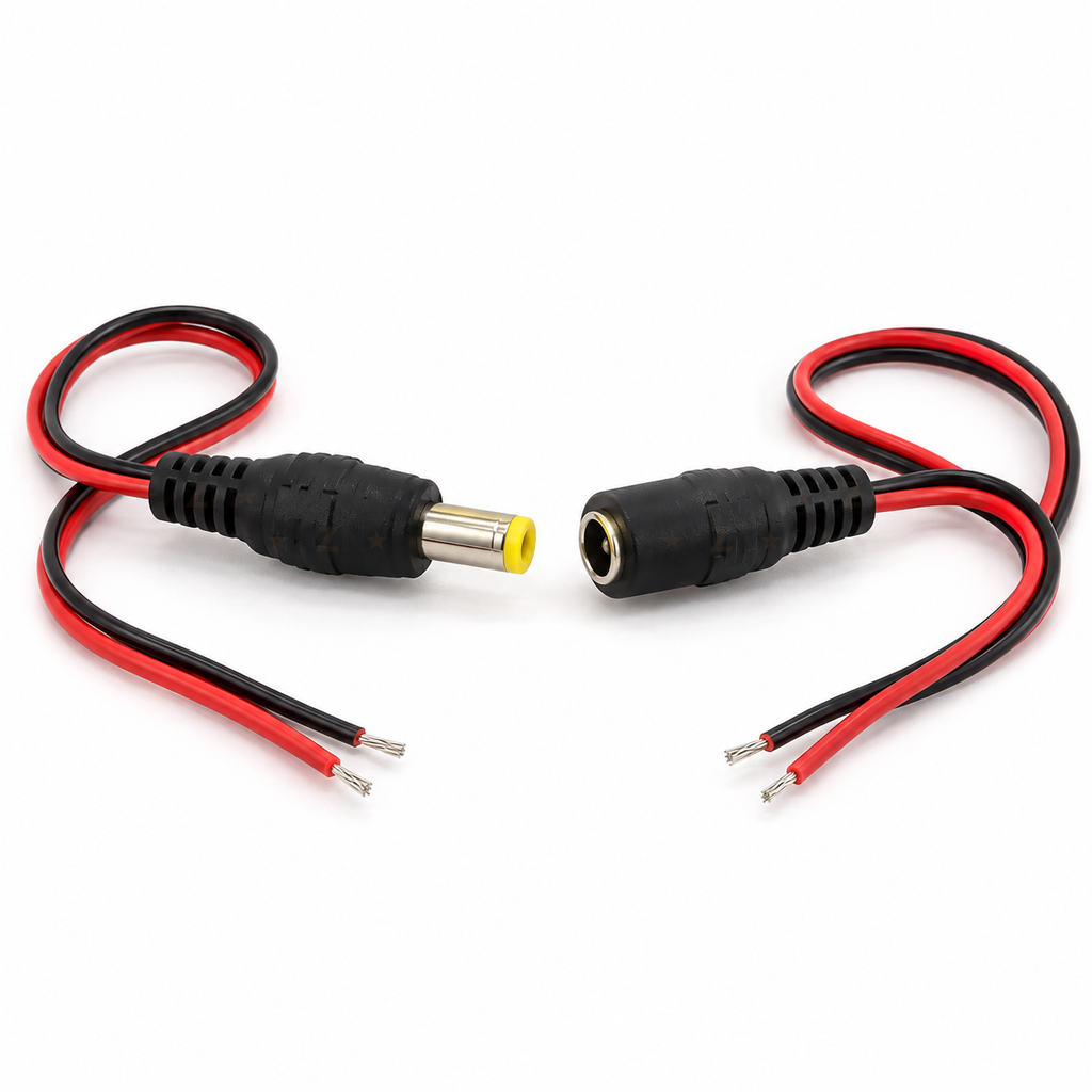 Male DC plug lined up with the matching 5.5 x 2.1mm female socket, both on short pigtail leads