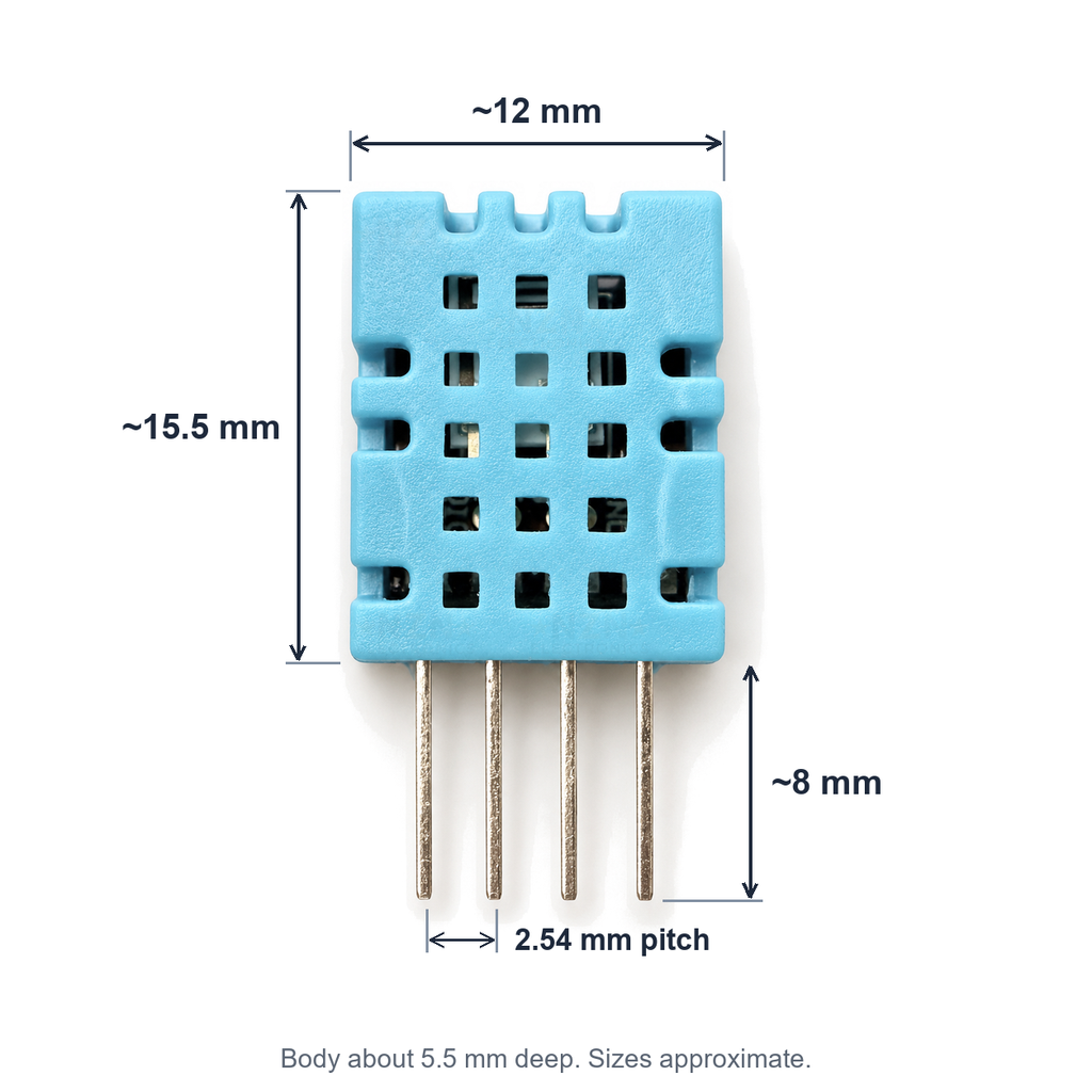 DHT11 dimensions: body about 12 x 15.5 mm, leads about 8 mm long at 2.54 mm pitch